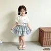 Conjunto de Meninas Doce Verão Novo Estiloso Versátil Desenho Animado Manga Curta Estiloso Doce Xadrez Estilo Coreano Duas Peças Tendência