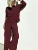 25 Moda Nova de Primavera Estilo Preguiçoso Conjunto de Calça Wide-Leg Tricotada Suéter Pulôver Casual Feminino Calça Longa Elegante Conjunto de Duas Peças