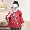 Estilo étnico verano nuevo estilo chino algodón lino retro camisa con cuello diagonal, vestido de té abotonado artístico, top bordado de manga tres cuartos