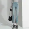 Jeans maternity cropped elásticos con cordón, sin soporte para el vientre, estilo de bolsillo, adecuados para usar como prenda exterior, pantalones de pierna recta, clásicos y versátiles