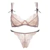 Conjunto de Lingerie Sexy de Renda para Comércio Exterior para Mulheres Verão Fino Grande Busto Pequeno Busto Redutor Sutiã Laço Vazado Cor Contrastante Respirável Conjunto de Sutiã