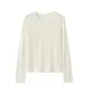 ROW Feng Camiseta de Manga Longa de Lã Tencel Feminina Ombro Normal Gola Redonda Emagrecedora Valoriza a Figura Respirável Camada Base Minimalista Versátil