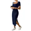 Moda Femenina Transfronteriza Nueva de Verano Vestido Cuadrado Sexy Delgado con Abertura que se Ajusta a la Cadera para Mujer Comercio Exterior Europeo y Americano Suave y Sedoso