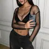 Top de rejilla transparente de manga larga AYJ, estilo chica hot transfronterizo europeo y americano, con diamantes completos, crop top corto sexy para superponer