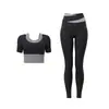 Conjunto de Yoga Color Block Costurado Feminino Calça Longa de Cintura Alta Manga Curta Secagem Rápida Respirável Fitness Roupa Esportiva