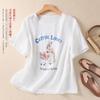 Foto Real da Camiseta Artística Simples de Manga Curta Estilo Novo 2025 para Mulheres Solta Estampada Retrô Pulôver Casual Versátil