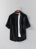 Camisa de lino de verano con cuello mao y manga tres cuartos, camisa casual de color liso de manga media holgada para hombre de talla grande, top casual