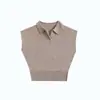 Camisa polo simples solta sem mangas, suéter curto de tricô de lã, top suéter com gola de lapela outono 2026 para mulheres, estilo coreano moderno