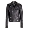 Chaqueta de cuero corta tipo biker para mujer Haining de piel de vaca de primera capa con cuello vuelto, cremallera diagonal, corte ajustado, chaqueta de cuero tipo biker negra para mujer