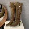 Botas de mujer de ante estilo coreano, tacón de aguja, hasta la rodilla, moda otoño e invierno, con hebilla de remache, botas de tacón apilado, botas ajustadas de tacón alto