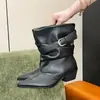 Novas botas femininas de outono e inverno com plataforma e salto grosso, estilo retrô, versáteis, bico fino, com detalhe de fivela, efeito emagrecedor, botas de montaria estilo western