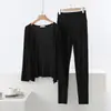 Conjunto de Dos Piezas de Punto Modal de Manga Larga y Leggings de Cintura Alta para Primavera y Otoño, Conjunto Casual Elástico de Tallas Grandes para el Hogar