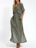 2024 Europa e Estados Unidos transfronteiriço verão novo estação independente AliExpress moda cor sólida cintura alta fenda decote V vestido