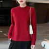 Suéter casual de punto trenzado 100% lana con cuello semi-alto para mujer, top de punto grueso de lana pura holgado para otoño e invierno