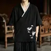 Bata de té Zen estilo chino para hombre, versión fina de verano, cuello diagonal Hanfu, talla grande, corte holgado, bordado de grulla, capa holgada
