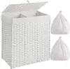 Cesto de Roupa Suja Dobrável para Quarto Amazon, Duplo Compartimento com Tampa, Tecelagem de Rattan Sintético, Forro Removível