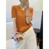Tejido de punto de alta gama con cuello en V y manga corta para mujer, Nuevo estilo coreano Verano 2026 Camiseta versátil adelgazante, Top fino de capa base