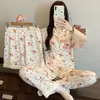 Yunduo Algodón Nuevo Lindo Pijama para Mujer 2026 Verano Delgado Manga Corta Conjunto de Tres Piezas Dibujos Animados Pony Ropa de Casa Disparo Real