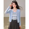 Has2026 Cardigan de Punto Relajado Manga Larga Otoño Temprano Diseño Femenino Sentido de la Moda Bloques de Color Rayas Azul