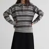 Suéter de Punto Pullover de Manga Larga con Rayas Horizontales y Cuello Polo de Terciopelo de Arroz Glutinoso Otoño e Invierno Casual Versátil Moda Suéter con Bloques de Color
