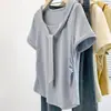 Camiseta Gola Shawl Azul Marinho Manga Curta Plus Size para Mulheres, Nova Peça Externa Versátil de Verão, Caimento Solto, Efeito Emagrecedor, Franzida