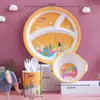 Set de Vajilla Infantil de Fibra de Bambú Dibujo Animado Creativo Plato Dividido Bol para Cena Taza de Agua Cuchara Tenedor Vajilla Juego de Cinco Piezas