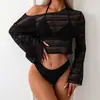 Nuevo Cubre-traje de Malla Europeo y Americano Protección Solar Ropa de Playa Traje de Baño Amazon Bikini Sexy de Manga Larga Conjunto de Tres Piezas para Mujer