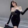 Vestido de malha estilo Hong Kong, socialite da moda, gola única, outono, slim fit, saia interna de fundo doce, saia curta que cobre o quadril para mulheres