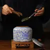 Bote de té de cerámica Ru ware azul y blanco, recipiente grande para té con forma de calabaza, recipiente sellado para té, un solo bote, estilo vintage