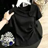 92% algodão, 8% elastano, design de rosa tridimensional estilo francês, gola assimétrica inclinada, camiseta de manga curta para mulheres, top de verão estiloso, versátil