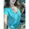 Camiseta Feminina Manga Curta Decote V Ombro Direito Azul Tiffany Algodão Puro Verão Estilo Puro Lustre Decote Baixo Top Solto Exportação Atacado