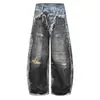 Calça Jeans Solta 3D Rasgada Desgastada para Homens, Novo Estilo de Primavera, Perna Larga, Calça Longa Casual para Mulheres, Tendência