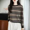 Top de base a rayas de jacquard de lana fina transfronterizo para mujer, nuevo, 100% lana, corte ajustado, favorecedor, estilo retro francés, manga larga