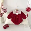 Macacão de Bebê Outono e Inverno Veludo Engrossado Menina Vermelho Estilo Chinês Vestido de Um Ano Roupas de Ano Novo