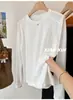 Camiseta Manga Longa Patchwork Estilo Coreano Tamanho Plus Size 100kg para Mulheres, Estilo Casual Soltinho, Gola Redonda Pulôver, Cor Sólida, Simples com Ombro Normal