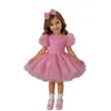 Vestido rosa de comercio exterior transfronterizo para niña con mariposa tridimensional, falda abullonada, vestido de princesa para niña de flor de bautizo de un año con mangas abullonadas