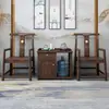 Sillón de Madera Maciza Juego de Tres Piezas Estilo Chino Respaldo de Sombrero Oficial Sillón Silla de Balcón Mesa de Café Antigua Silla de Té Individual Silla con Respaldo