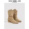 Botines finos de punta para mujer de piel de vaca, botines cortos de otoño/invierno, botas de montar retro de tacón grueso, botas western holgadas arrugadas