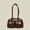Bolso de Bolos de Cuero Encerado con Doble Bolsillo, Diseño Retro, Bolso de Axila Versátil de Gran Capacidad, Bolso de Mano Retro Europeo y Americano Esencial