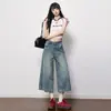 Jeans Cropped Wide-Leg Estilo Retro Americano para Mulheres, Novo Modelo Outono 2026, Padrão Ice Crack, Calça Reta Solta Petite