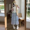 Saia de renda delicada e doce para mulheres, cintura alta, saia bolo em A fluida, saia fofa, saia de gaze chiffon texturizada