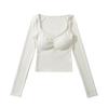 Top Cálido Ajustado Estilo Spice Girl de Moda para Mujer Otoño 2024 Nuevo Estilo Europeo y Americano Color Sólido Costuras de Encaje Camiseta de Manga Larga