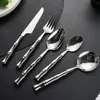 Cuchillo, Tenedor y Cuchara de Acero Inoxidable 304, Mango Creativo de Bambú y Cerámica, Juego de Vajilla para Hogar y Hotel, Cuchillo para Bistec, Tenedor y Cuchara de Postre