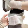 Meias de Algodão Puro, Meias Finas de Verão para Mulheres, Meias de Malha Vazada até a Panturrilha, Meias Brancas para Meninas com Renda e Babados, Respiráveis e Anti-Odor