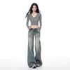 Jeans de pierna ancha de tiro bajo estilo retro americano para mujer, nuevo estilo primavera y otoño, lavados y desgastados, corte holgado, adelgazantes, de largo hasta el suelo, pantalones ligeramente acampanados