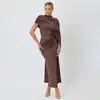 Amazon Transfronterizo Nuevo Vestido de Color Sólido con Cuello Redondo y Hombro Cubierto Sexy Temperamento de Chica Caliente Ajustado Costura Cinta Falda Larga