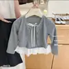 Estilo ballet~Conjunto nuevo de otoño 2026 para niñas, dos piezas falsas, top de encaje y pantalones de campana