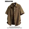 Fabricante Transfronteiriço Camisas Masculinas Verão Estilo Fino Gola Reversível Camisa Xadrez Bolha Tendência Casual Solta Manga Curta para Homens