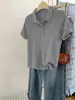 Camisa Polo Feminina Roxa de Alta Qualidade Estilo Coreano Verão Seda Gelada Manga Curta Top Simples Feminino A10822