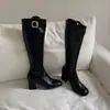 Botas altas estilo britânico coreano 2026, botas femininas retrô de salto grosso acima do joelho de perna reta